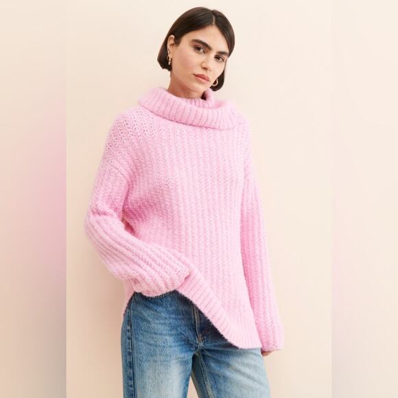 Anthropologie Maeve Turtleneck Pullover Chunky Knit Sweater Bubblegum Pink sz M - Picture 1 of 12